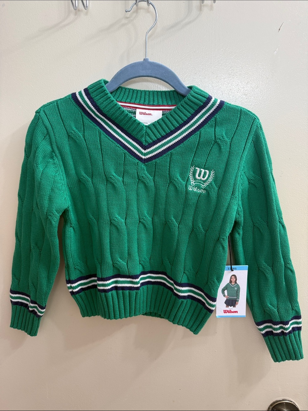 Kids Wilson Green Cable-Knit V-Neck Sweater with Navy & White Trim tennis